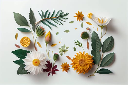 Composition of flowers. Frame pattern made from different dried flowers and leaves on white background. Flat lay, top view, copy space