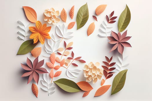 Composition of flowers. Frame pattern made from different dried flowers and leaves on white background. Flat lay, top view, copy space