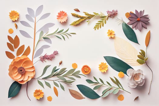 Composition of flowers. Frame pattern made from different dried flowers and leaves on white background. Flat lay, top view, copy space