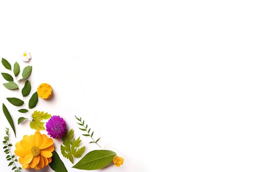 Composition of flowers. Frame pattern made from different dried flowers and leaves on white background. Flat lay, top view, copy space