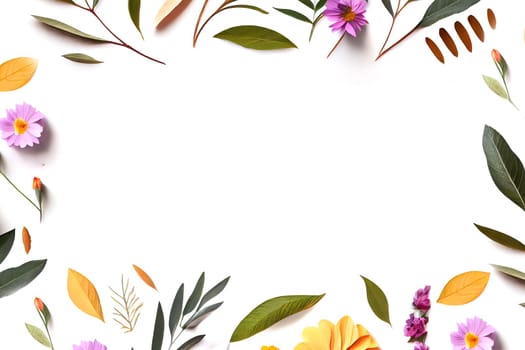 Composition of flowers. Frame pattern made from different dried flowers and leaves on white background. Flat lay, top view, copy space