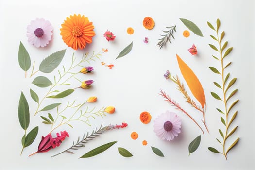 Composition of flowers. Frame pattern made from different dried flowers and leaves on white background. Flat lay, top view, copy space