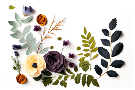 Composition of flowers. Frame pattern made from different dried flowers and leaves on white background. Flat lay, top view, copy space