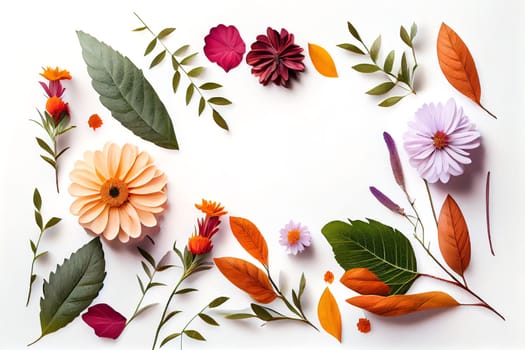 Composition of flowers. Frame pattern made from different dried flowers and leaves on white background. Flat lay, top view, copy space