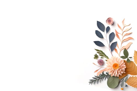 Composition of flowers. Frame pattern made from different dried flowers and leaves on white background. Flat lay, top view, copy space