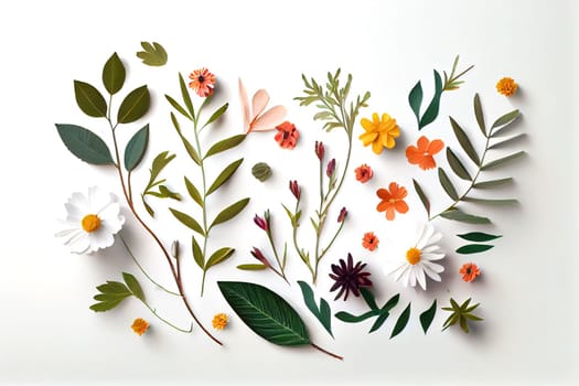 Composition of flowers. Frame pattern made from different dried flowers and leaves on white background. Flat lay, top view, copy space