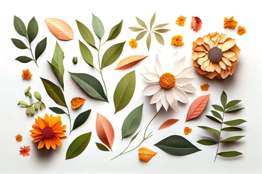 Composition of flowers. Frame pattern made from different dried flowers and leaves on white background. Flat lay, top view, copy space