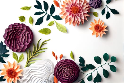 Composition of flowers. Frame pattern made from different dried flowers and leaves on white background. Flat lay, top view, copy space