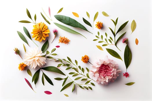 Composition of flowers. Frame pattern made from different dried flowers and leaves on white background. Flat lay, top view, copy space