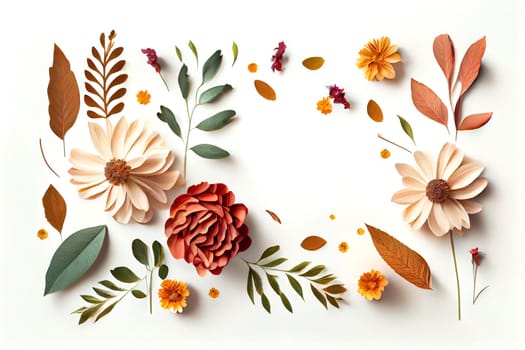 Composition of flowers. Frame pattern made from different dried flowers and leaves on white background. Flat lay, top view, copy space