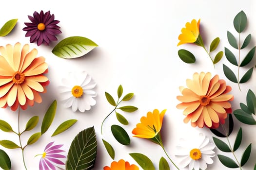 Composition of flowers. Frame pattern made from different dried flowers and leaves on white background. Flat lay, top view, copy space