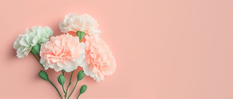 Carnation bouquet on pastel pink background with copy space. 3D illustration concept for Mother's Day holiday greetings card. Wide angle format banner