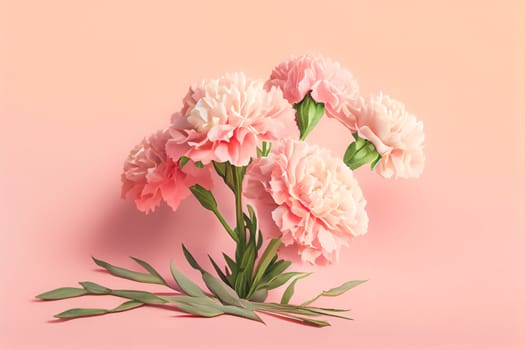 Carnation bouquet on pastel pink background with copy space. 3D illustration concept for Mother's Day holiday greetings card. Wide angle format banner