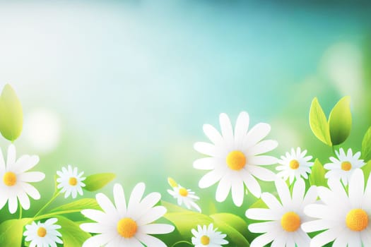 Sunny day background with daisies and leaves, copy space for your text