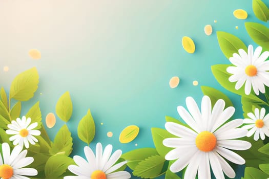 Sunny day background with daisies and leaves, copy space for your text