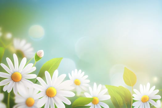 Sunny day background with daisies and leaves, copy space for your text