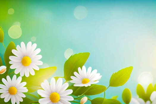 Sunny day background with daisies and leaves, copy space for your text