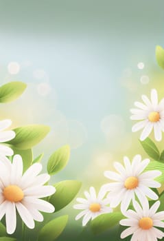 Sunny day background with daisies and leaves, copy space for your text