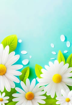 Sunny day background with daisies and leaves, copy space for your text