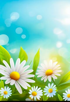 Sunny day background with daisies and leaves, copy space for your text