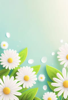 Sunny day background with daisies and leaves, copy space for your text