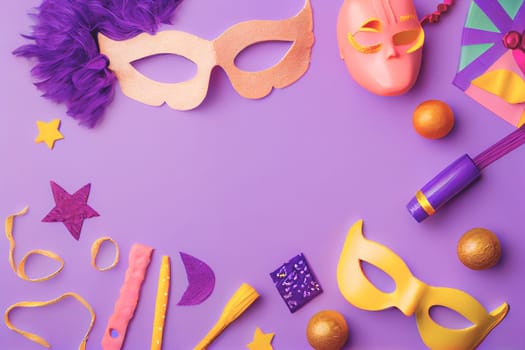 Various types of masks displayed on purple background, illustration Purim celebration concept and Jewish carnival holiday. Top view, flat lay.