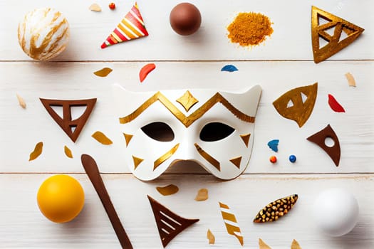 3D illustration of Purim celebration concept with Jewish carnival holiday over wooden white background. View from the top, flat lay