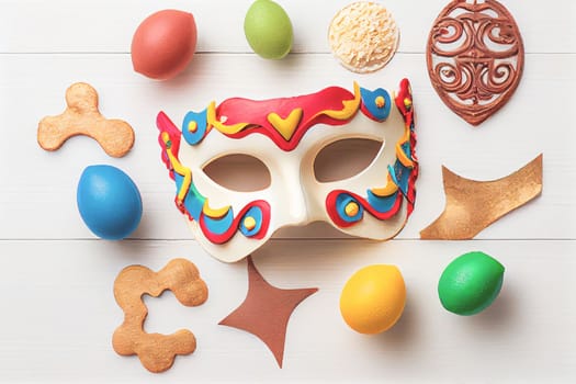 3D illustration of Purim celebration concept with Jewish carnival holiday over wooden white background. View from the top, flat lay