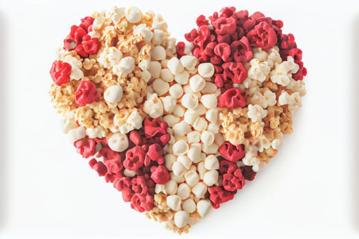 Close up shot of Gourmet Popcorn for Valentine's Day background with copy space. Gift ideas. Design for Valentine's Day festive banner.