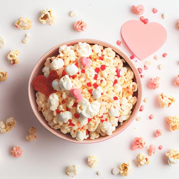 Close up shot of heart popcorn for Valentine's Day background with copy space. Gift ideas. Design for Valentine's Day festive banner.