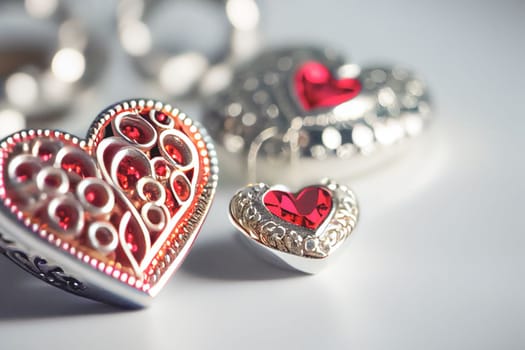 Close up shot of heart jewelry for Valentine's Day background with copy space. Gift ideas. Design for Valentine's Day festive banner.