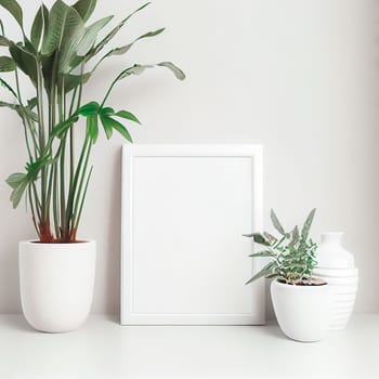 Mockup of empty frame displayed inside room interior with white wall background and plant pot nearby. 3D Rendering