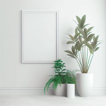 Mockup of empty frame displayed inside room interior with white wall background and plant pot nearby. 3D Rendering