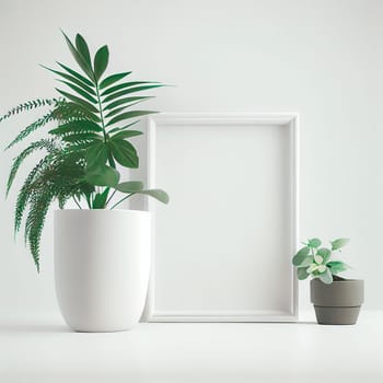 Mockup of empty frame displayed inside room interior with white wall background and plant pot nearby. 3D Rendering