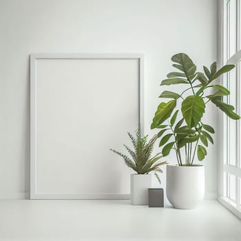 Mockup of empty frame displayed inside room interior with white wall background and plant pot nearby. 3D Rendering