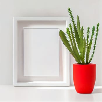 Mockup of empty frame displayed inside room interior with white wall background and red plant pot nearby. 3D Rendering