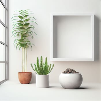 Mockup of empty frame displayed inside room interior with white wall background and plant pot nearby. 3D Rendering