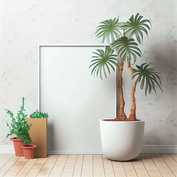 Mockup of empty frame displayed inside room interior with white wall background and plant pot nearby. 3D Rendering