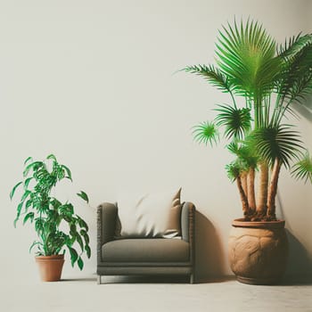 Mockup of empty frame displayed inside room interior with white wall background and plant pot nearby. 3D Rendering