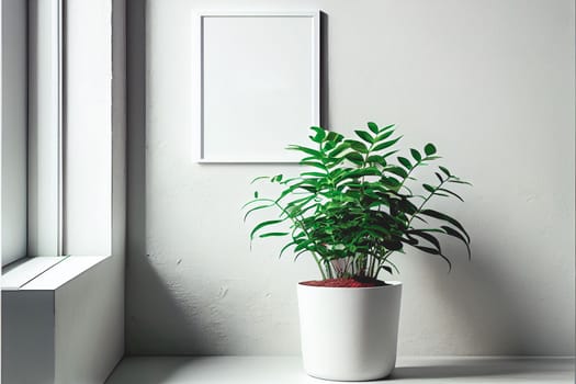 Mockup of empty frame displayed inside room interior with white wall background and plant pot nearby. 3D Rendering