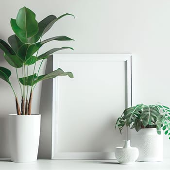 Mockup of empty frame displayed inside room interior with white wall background and plant pot nearby. 3D Rendering