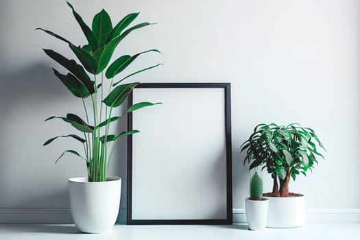 Mockup of empty frame displayed inside room interior with white wall background and plant pot nearby. 3D Rendering