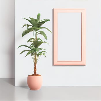 Mockup of empty frame displayed inside room interior with white wall background and plant pot nearby. 3D Rendering