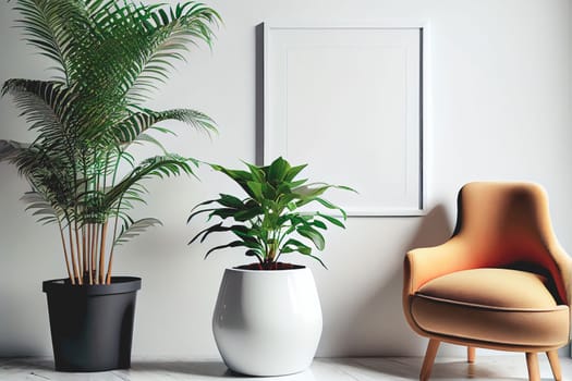 Mockup of empty frame displayed inside room interior with white wall background and plant pot nearby. 3D Rendering