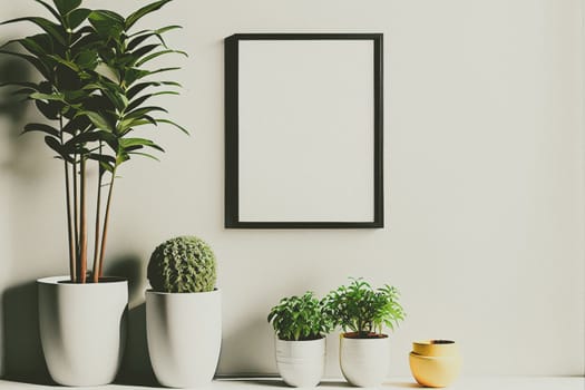 Mockup of empty frame displayed inside room interior with white wall background and plant pot nearby. 3D Rendering