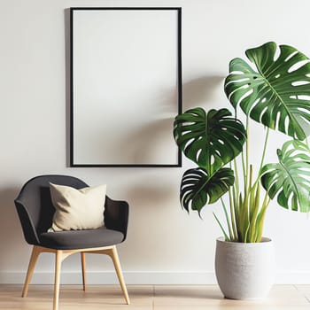 Mockup of empty frame displayed inside room interior with white wall background and monstera plant pot nearby. 3D Rendering