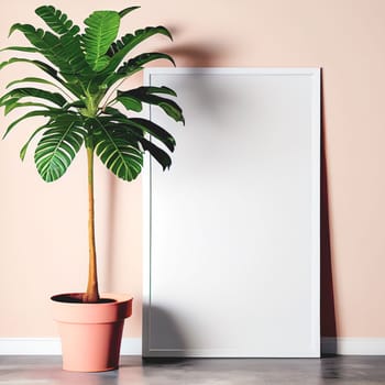 Mockup of empty frame displayed inside room interior with pastel wall background and plant pot nearby. 3D Rendering