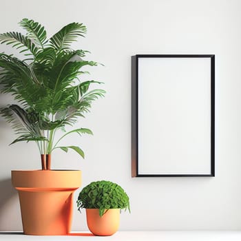 Mockup of empty frame displayed inside room interior with white wall background and plant pot nearby. 3D Rendering