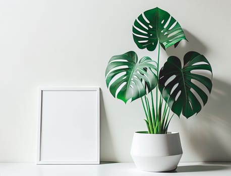 Mockup of empty frame displayed inside room interior with white wall background and monstera plant pot nearby. 3D Rendering