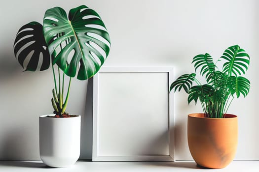 Mockup of empty frame displayed inside room interior with white wall background and monstera plant pot nearby. 3D Rendering